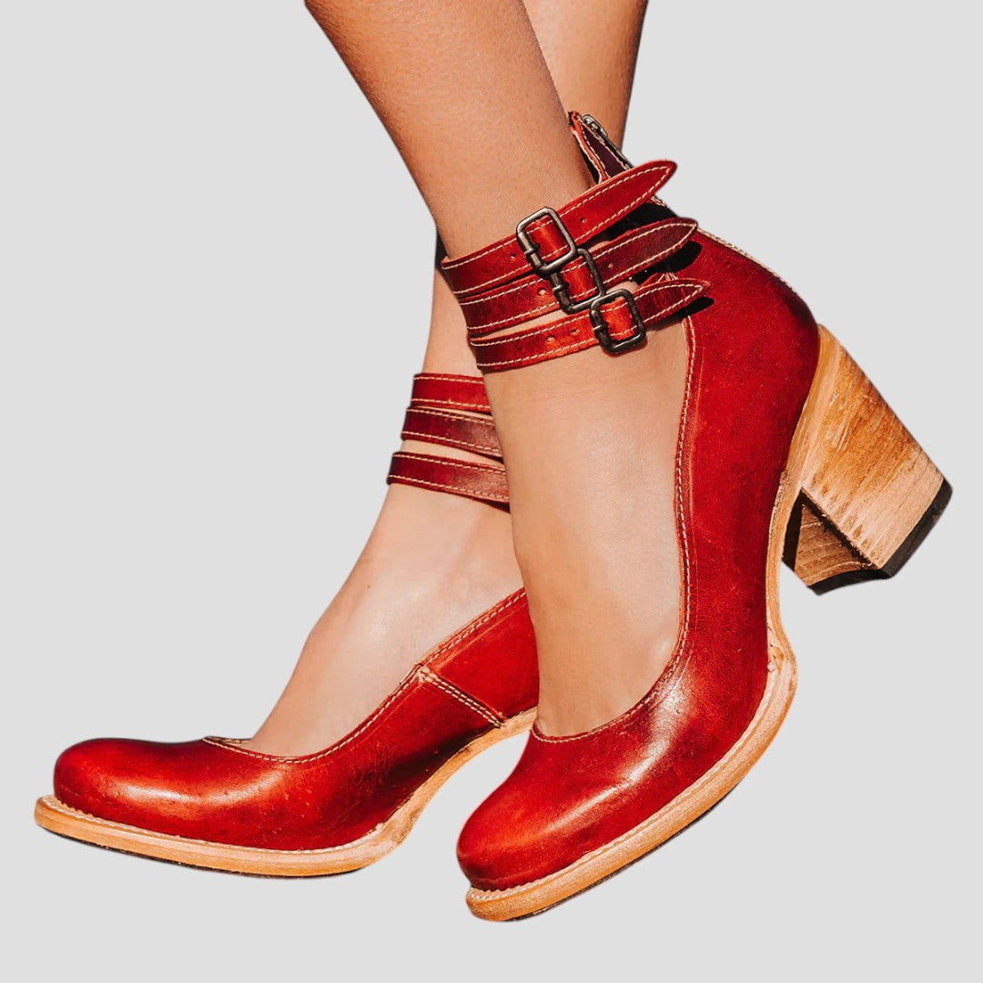 Triple Buckle Ankle-Strap Casual Heels in Brick Red