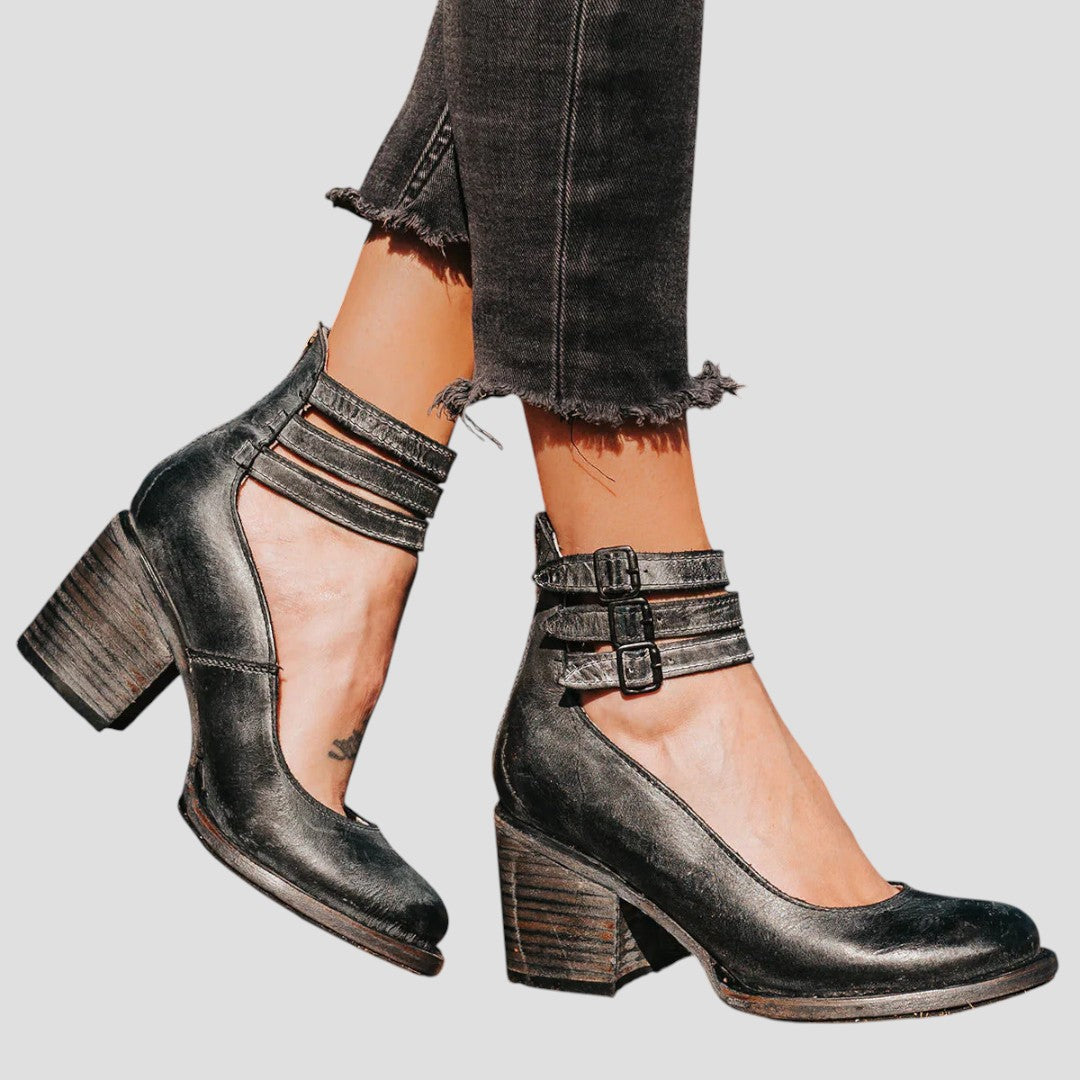 Triple Buckle Ankle-Strap Casual Heels in Dark Grey
