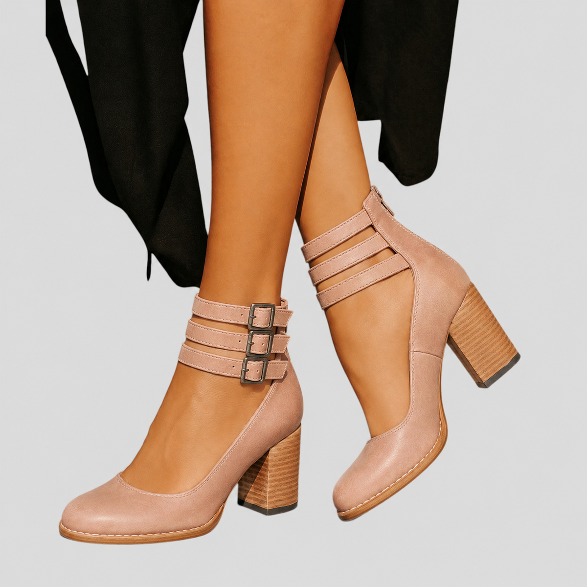Triple Buckle Ankle-Strap Casual Heels in Dusty Rose
