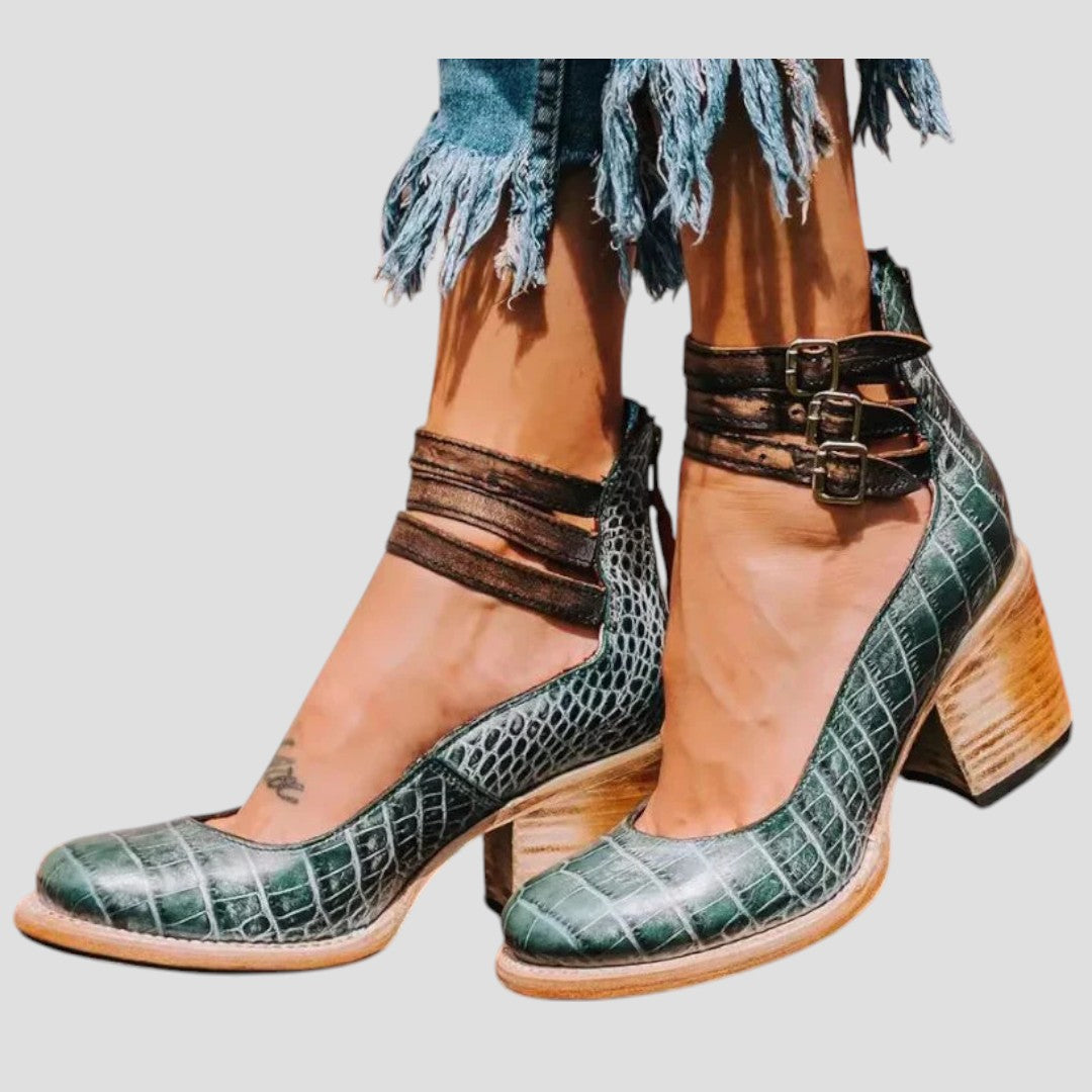 Triple Buckle Ankle-Strap Casual Heels in Teal