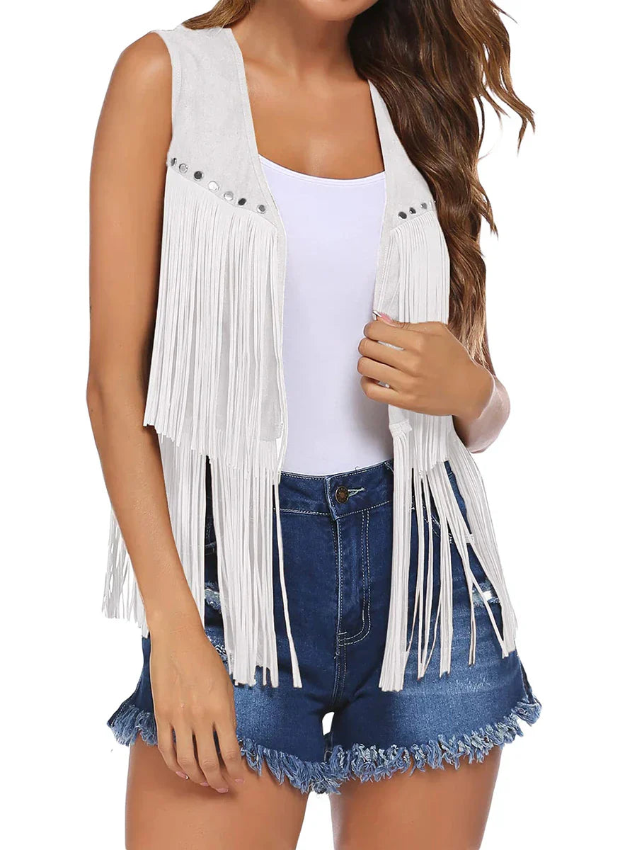 Women's Open-Front Fringed Casual Gilet in White