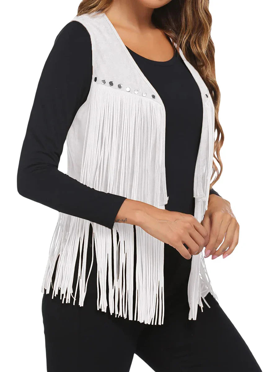 Women's Open-Front Fringed Casual Gilet in White