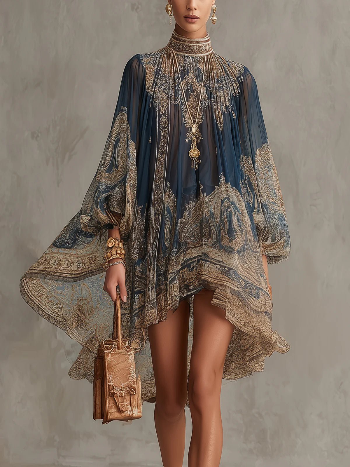 Balloon-Sleeve High-Neck Party Mini Dress in Navy