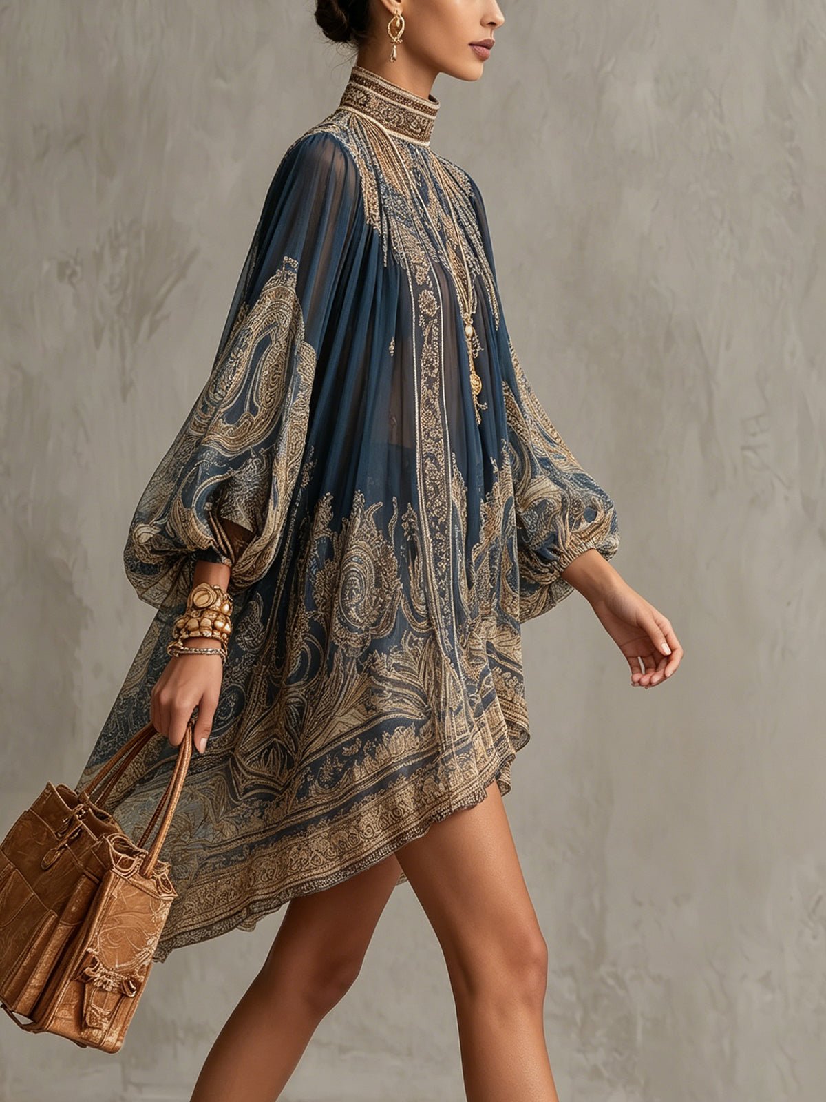 Balloon-Sleeve High-Neck Party Mini Dress in Navy