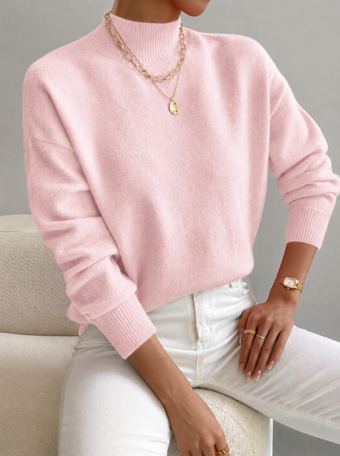 Women's Mock-Neck Casual Jumper in Light Pink