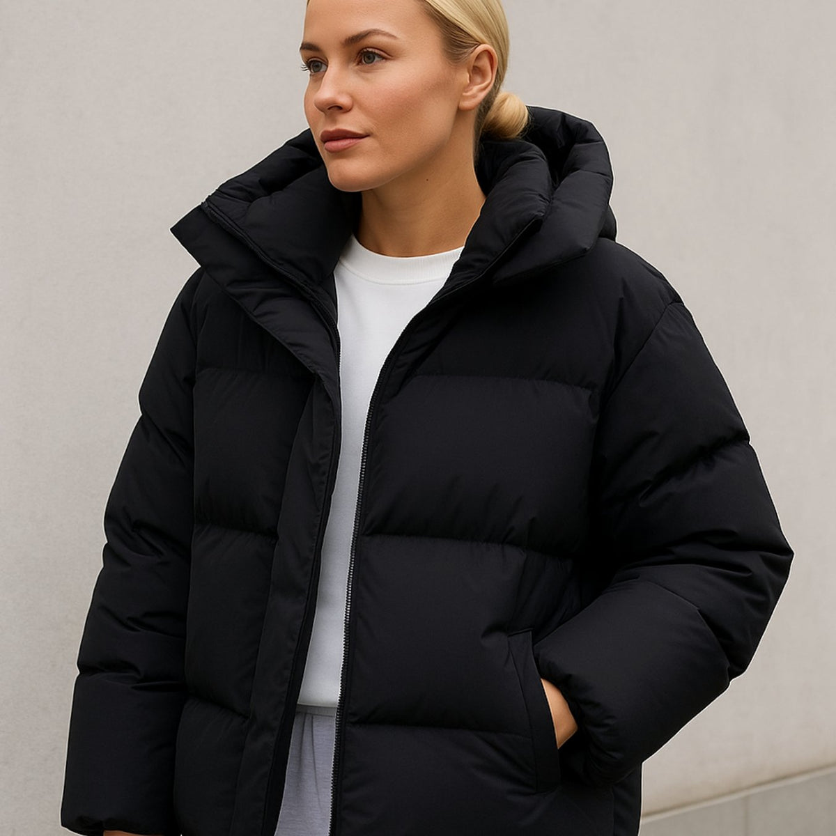 Women's Quilted Hooded Casual Jacket in Black