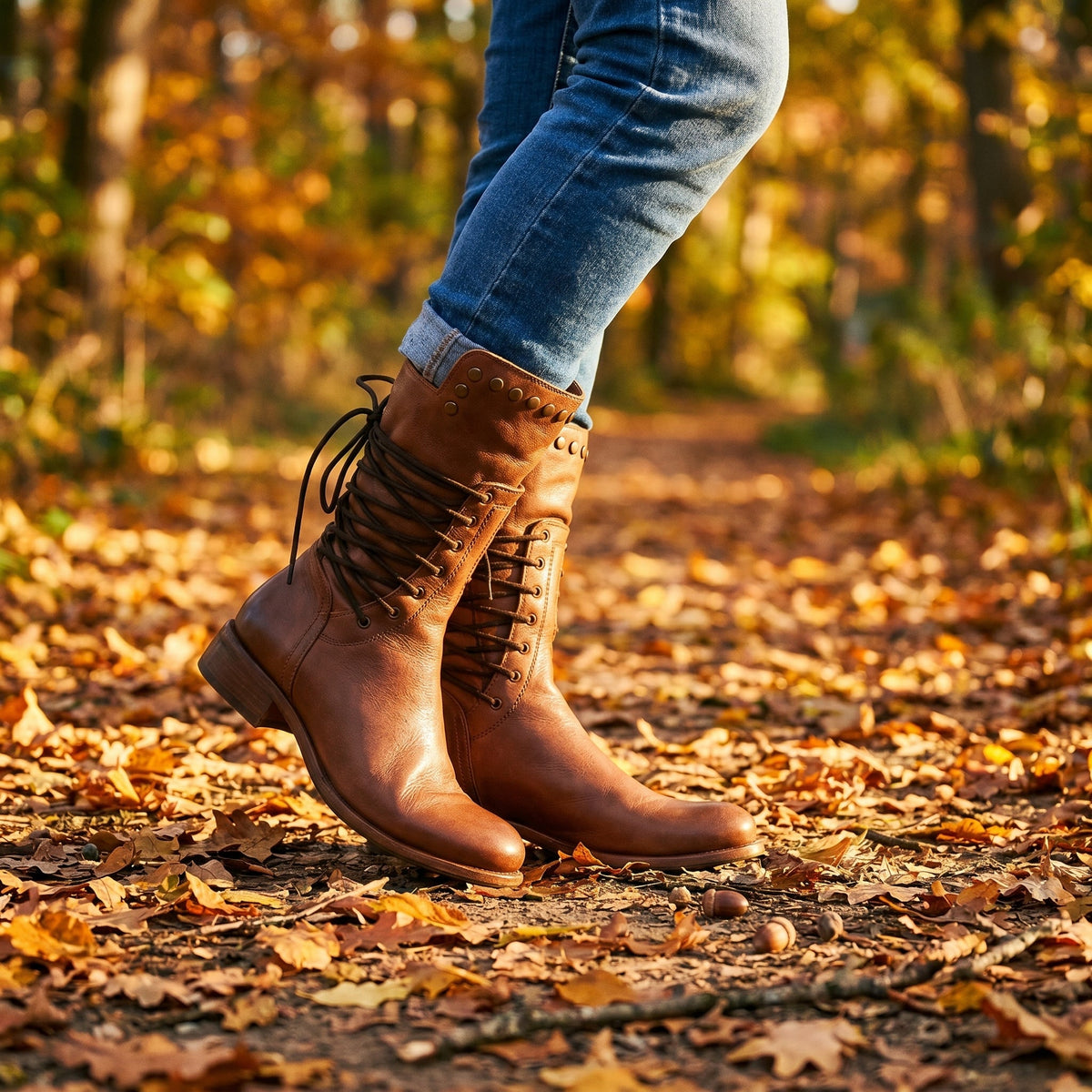 Women's Studded Lace-Up Casual Boots in Brown