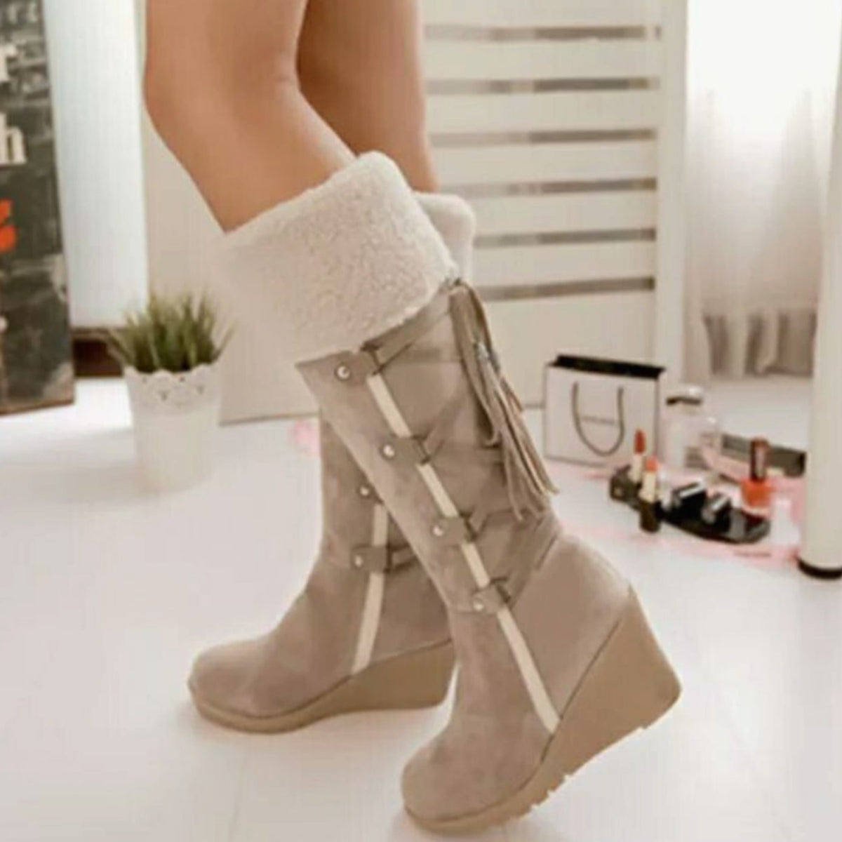 Women's Tasselled Casual Knee High Boots in Beige