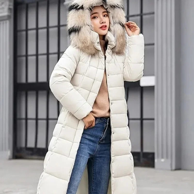Women's Hooded Belted Quilted Casual Coat in Cream