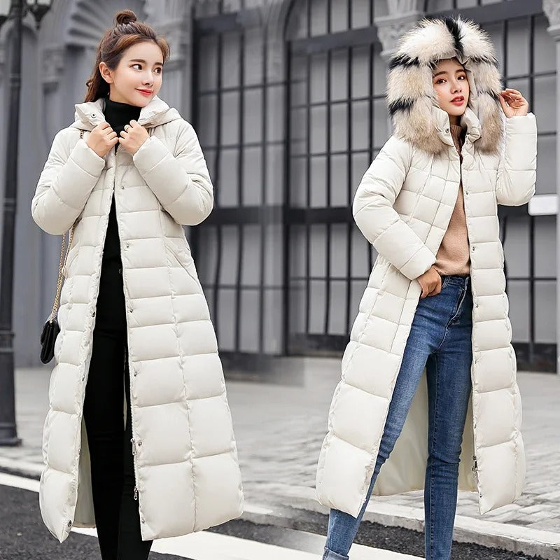Women's Hooded Belted Quilted Casual Coat in Cream