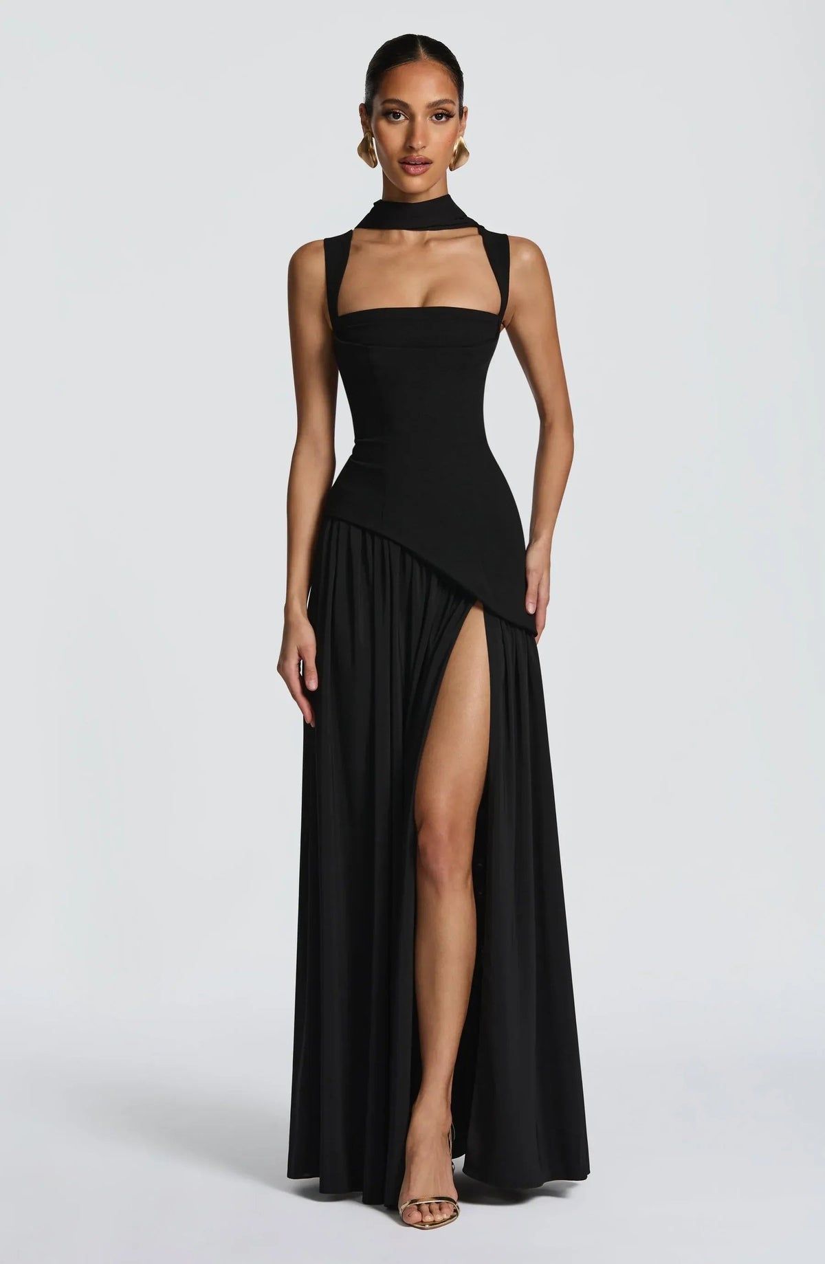 Corset Bodice Split Evening Maxi Dress in Black