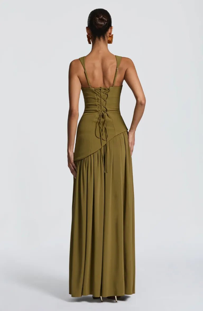 Corset Bodice Split Evening Maxi Dress in Olive