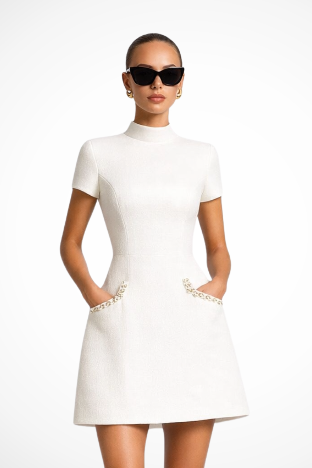Pearl-Trim Short-Sleeve Cocktail Mini Dress in Cream