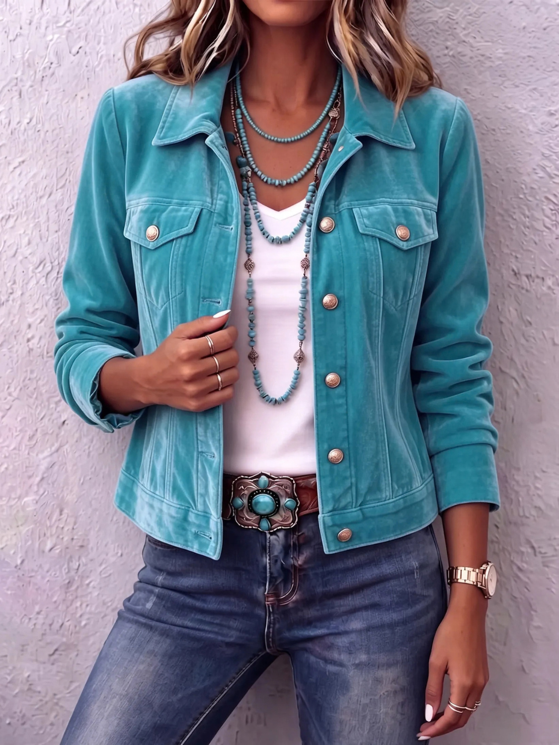 Women's Button-Front Casual Jacket in Turquoise