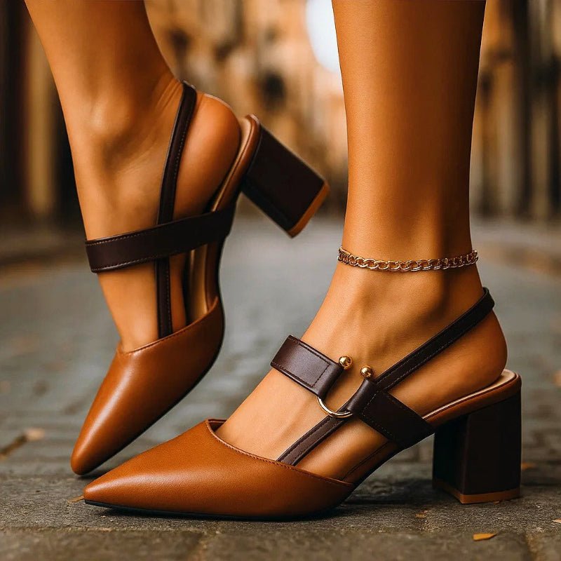 Pointed-Toe Slingback Casual Heels in Camel