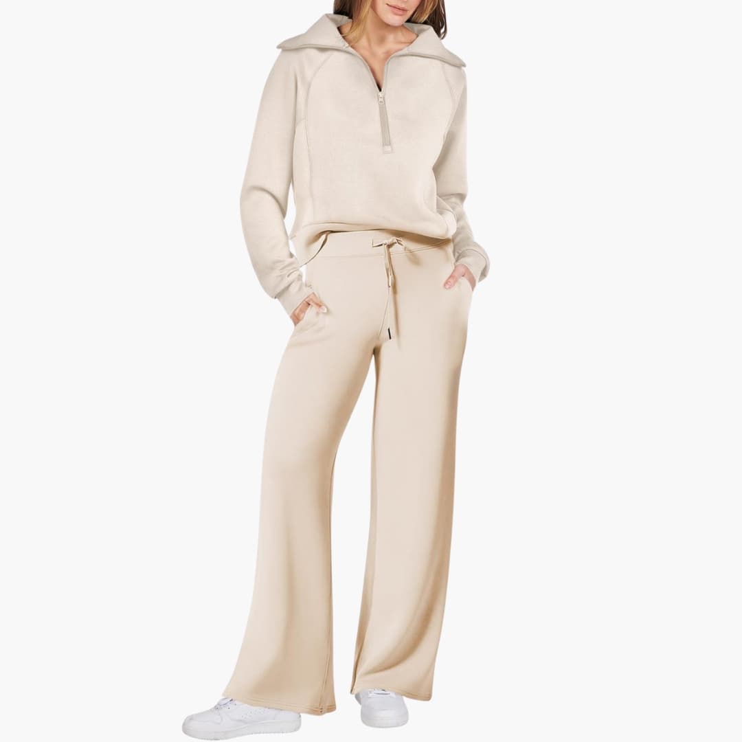 Women's Half-Zip Casual Lounge Set in Beige