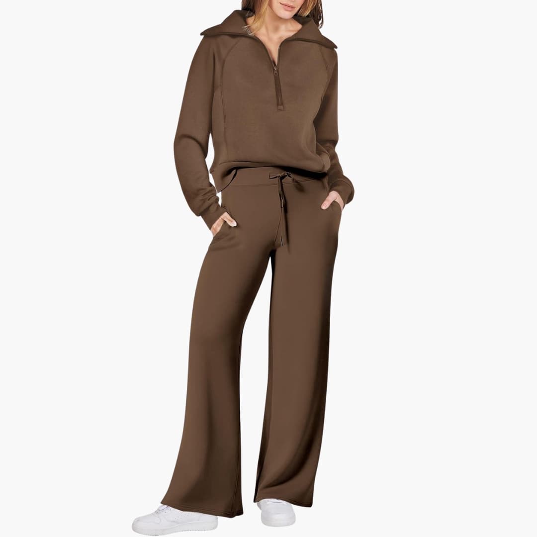 Women's Half-Zip Casual Lounge Set in Brown