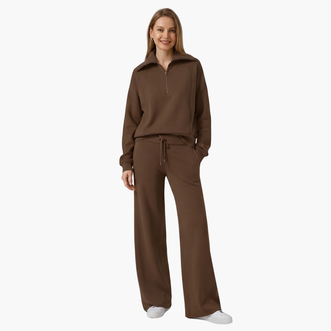 Women's Half-Zip Casual Lounge Set in Brown