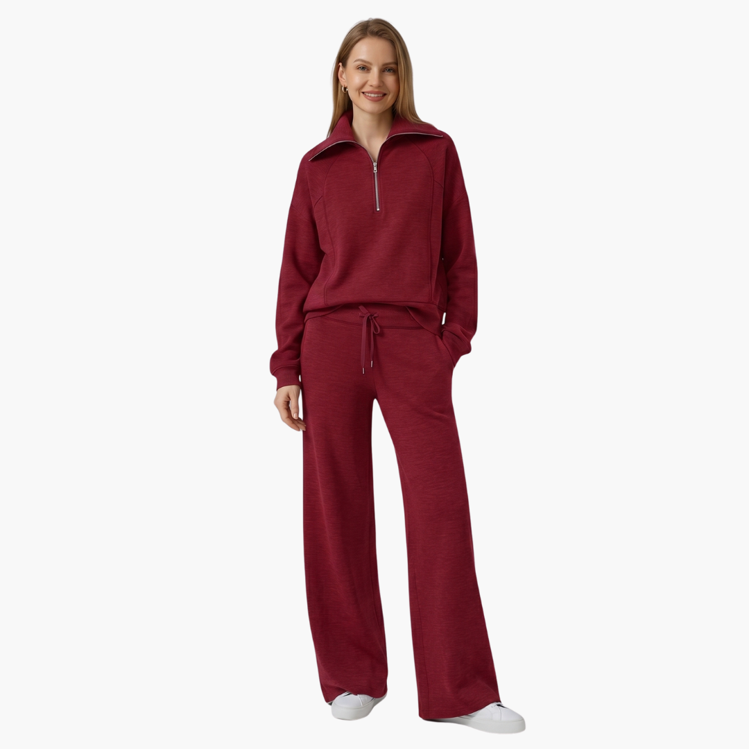 Women's Half-Zip Casual Lounge Set in Burgundy