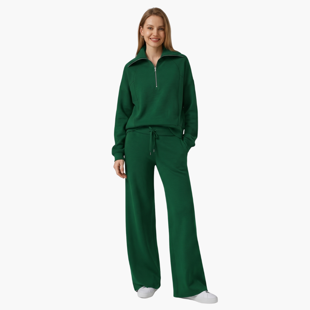 Women's Half-Zip Casual Lounge Set in Dark Green