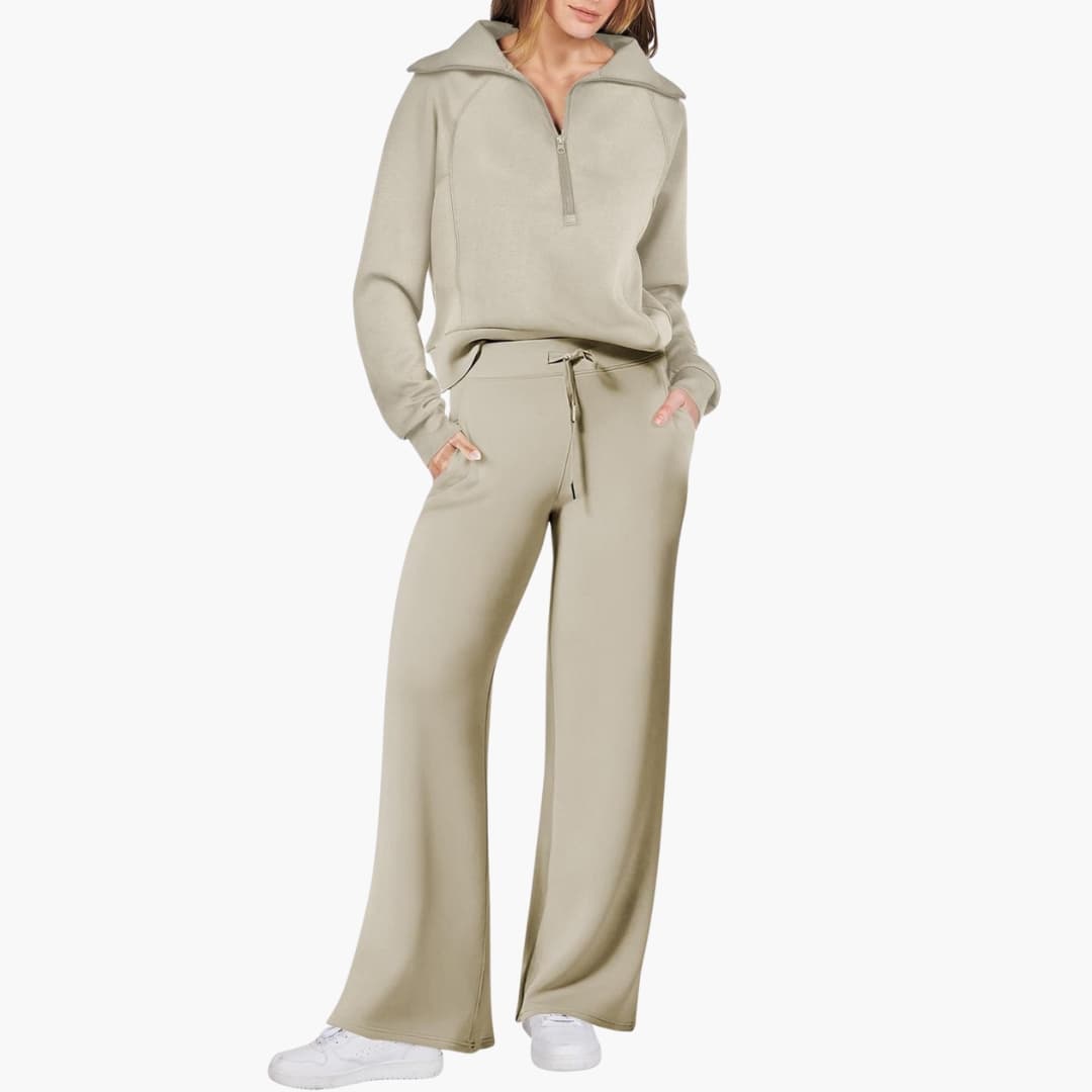 Women's Half-Zip Casual Lounge Set in Khaki