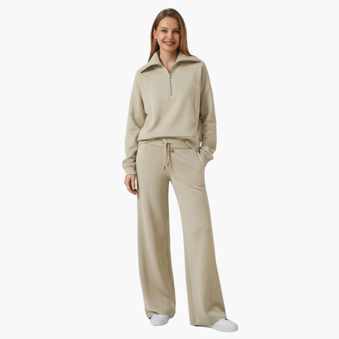 Women's Half-Zip Casual Lounge Set in Khaki