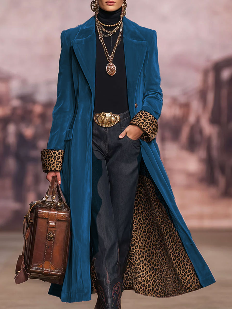 Women's Leopard-Lined Longline Evening Coat in Teal