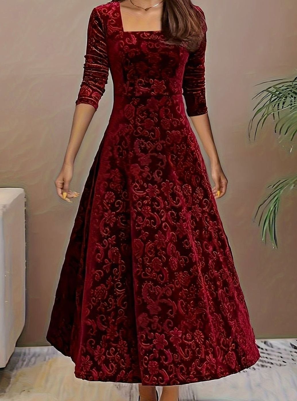 Embossed Floral Party Maxi Dress in Burgundy