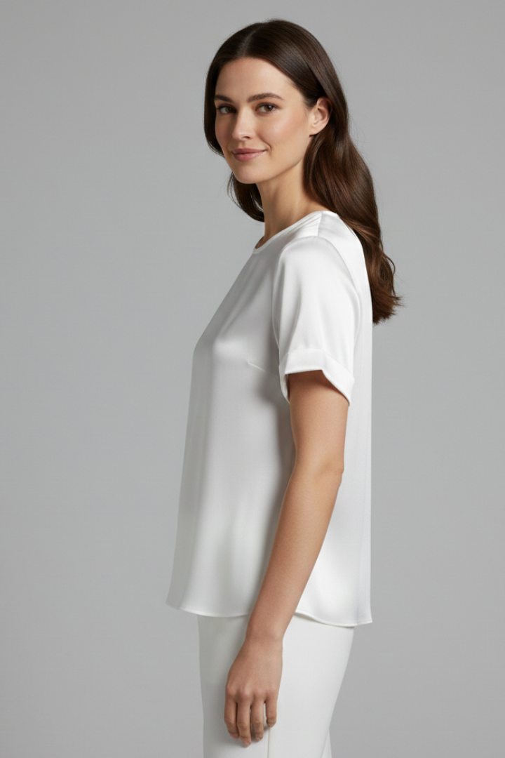 Round-Neck Cuffed Casual Blouse