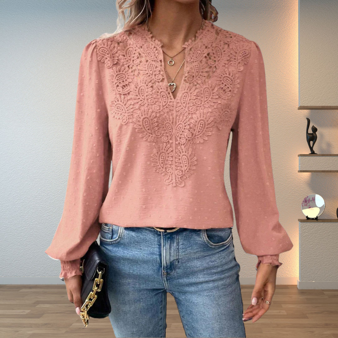 Lace V-Neck Lantern-Sleeve Casual Blouse in Dusty Rose