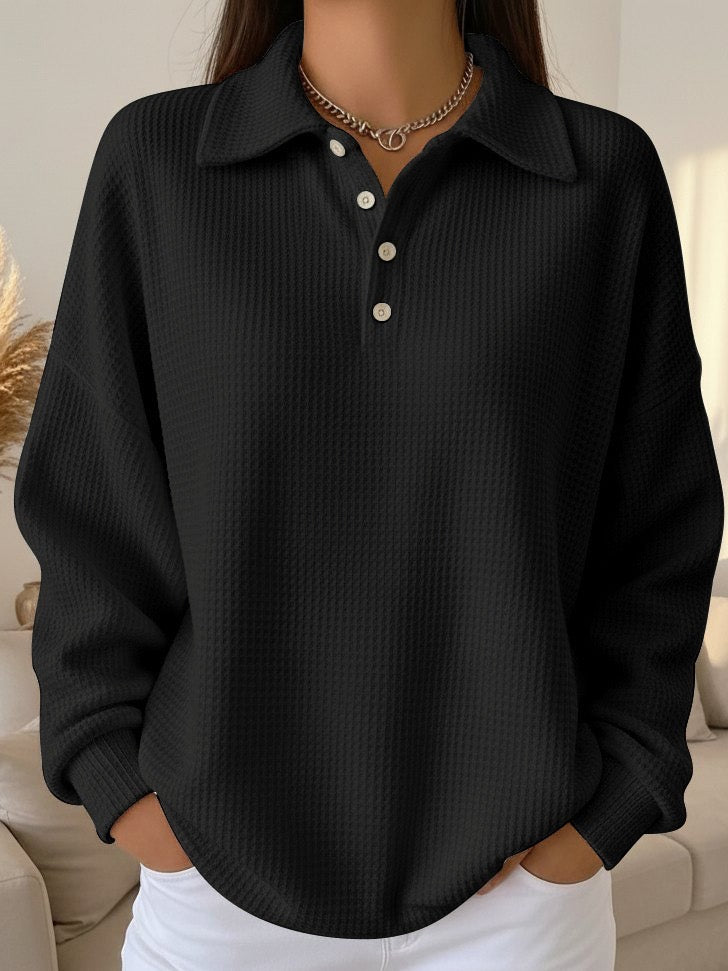 Women's Polo-Collar Casual Jumper in Black