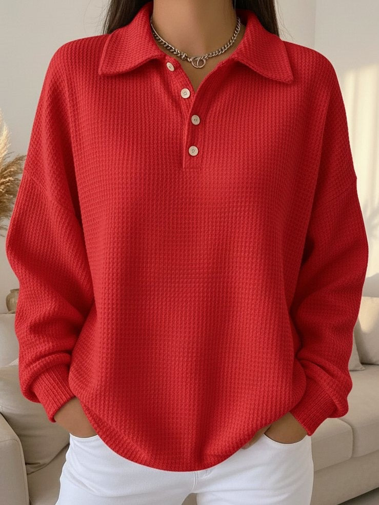 Women's Polo-Collar Casual Jumper in Red