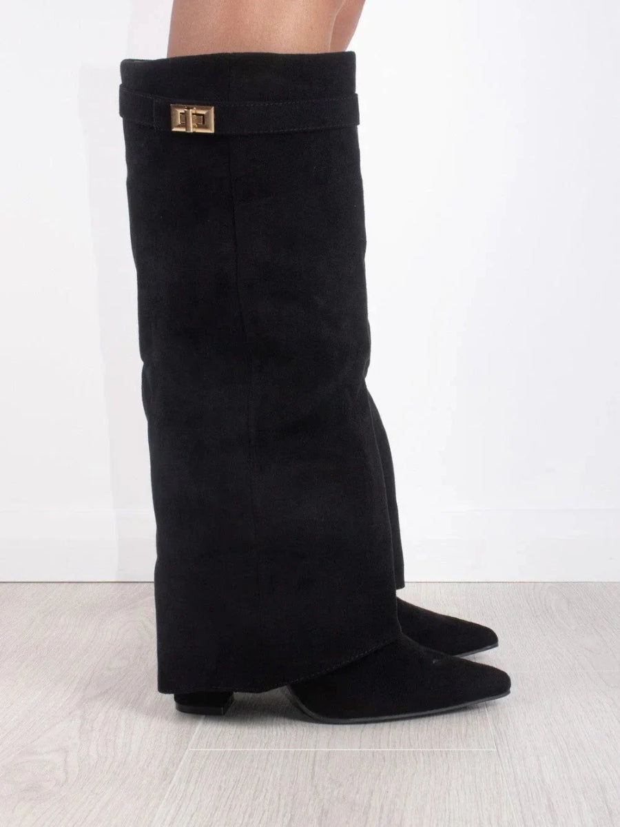 Women's Foldover Casual Knee High Boots in Black (Brushed Finish)