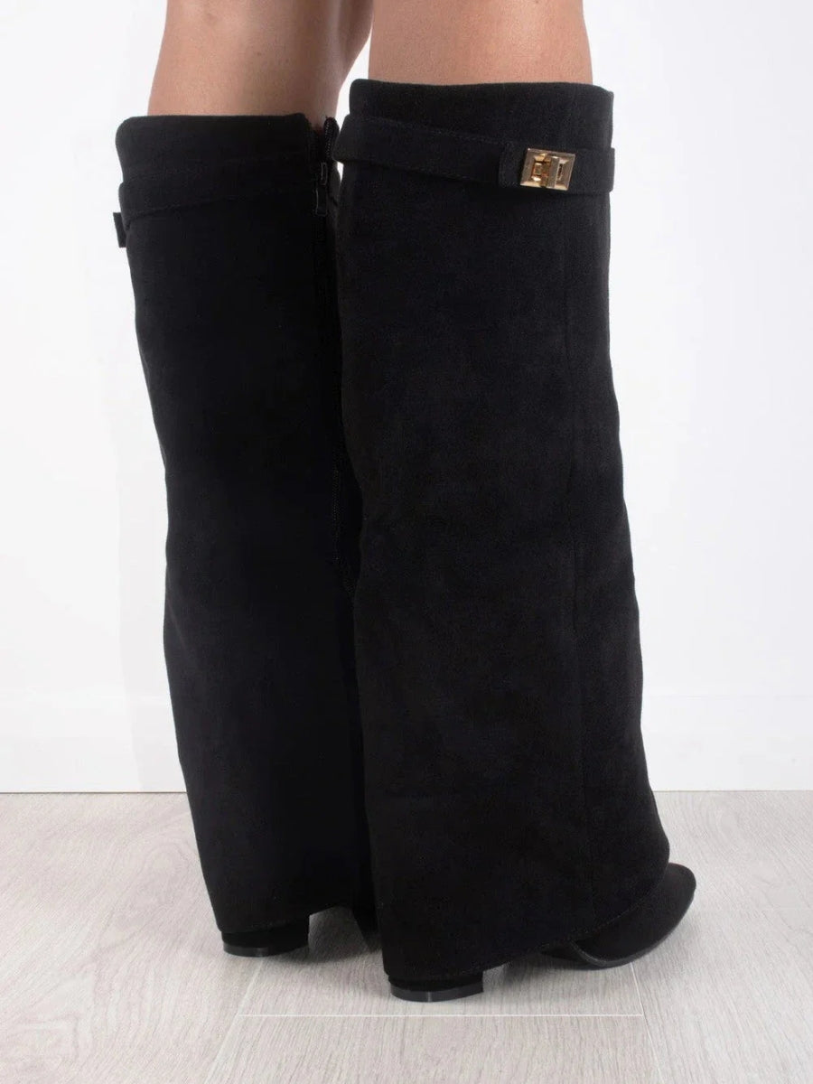 Women's Foldover Casual Knee High Boots in Black (Brushed Finish)