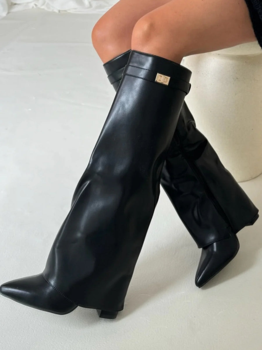 Women's Foldover Casual Knee High Boots in Black (Smooth Finish)