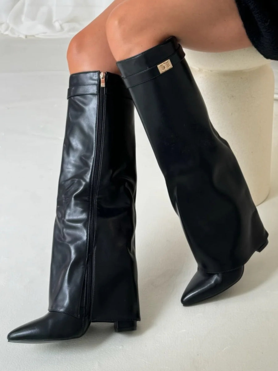 Women's Foldover Casual Knee High Boots in Black (Smooth Finish)