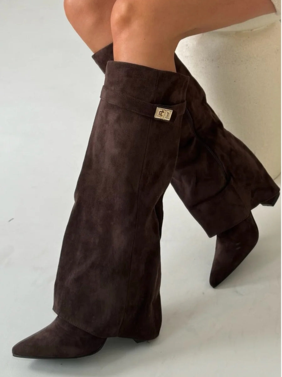 Women's Foldover Casual Knee High Boots in Dark Brown