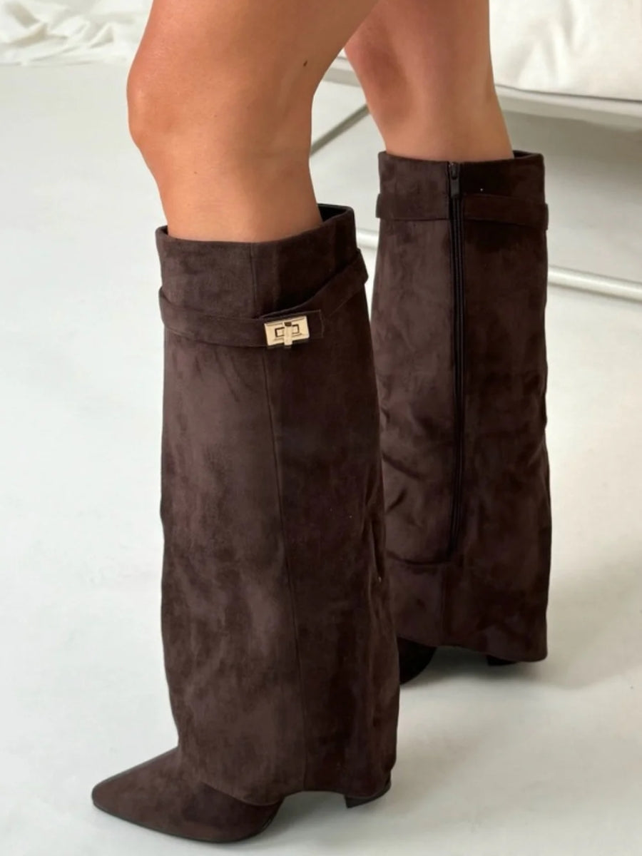 Women's Foldover Casual Knee High Boots in Dark Brown