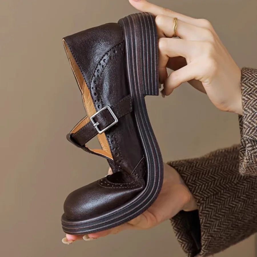 Brogue T-Strap Buckle Casual Flats in Dark Brown