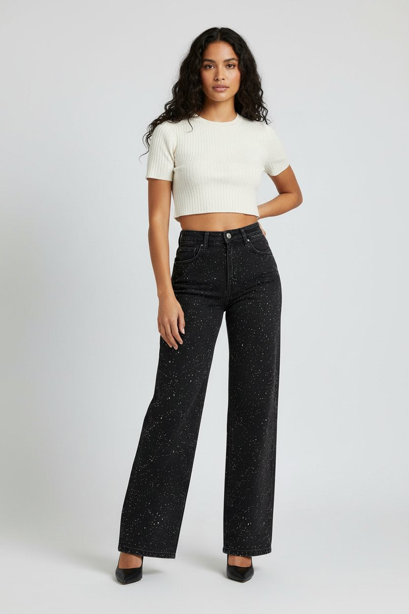 Women's High-Waisted Wide-Leg Casual Jeans in Black