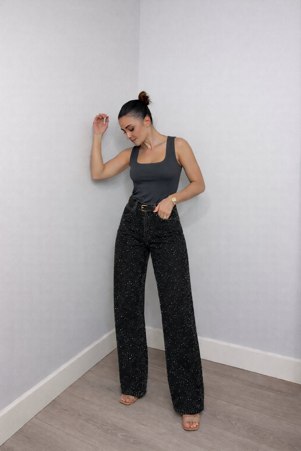 Women's High-Waisted Wide-Leg Casual Jeans in Black