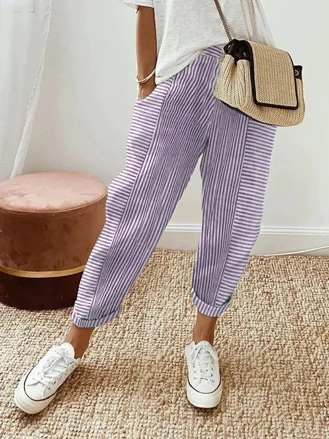 Women's Striped Casual Trousers in Lilac