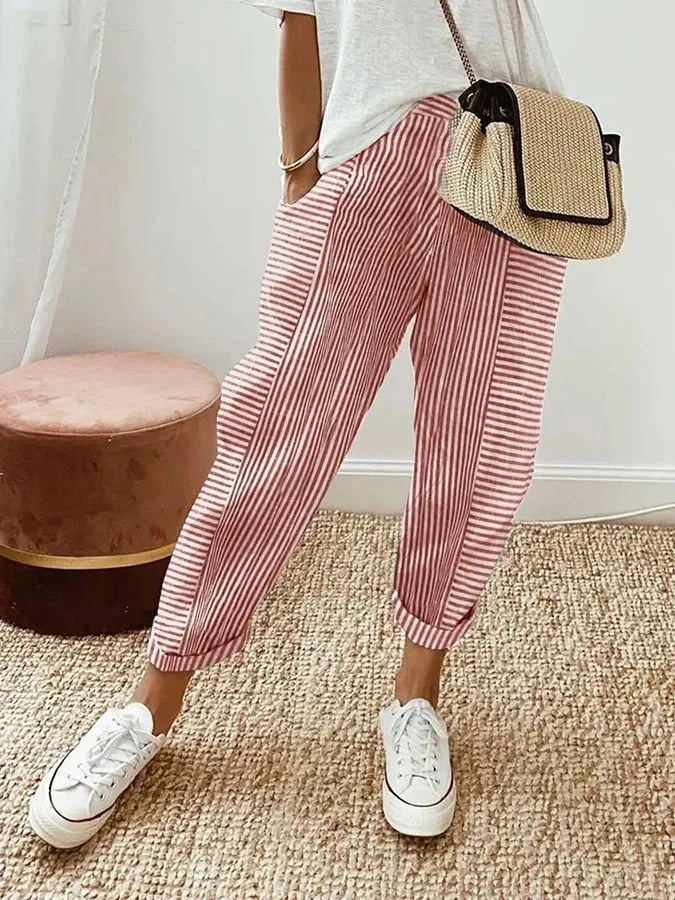 Women's Striped Casual Trousers in Pink