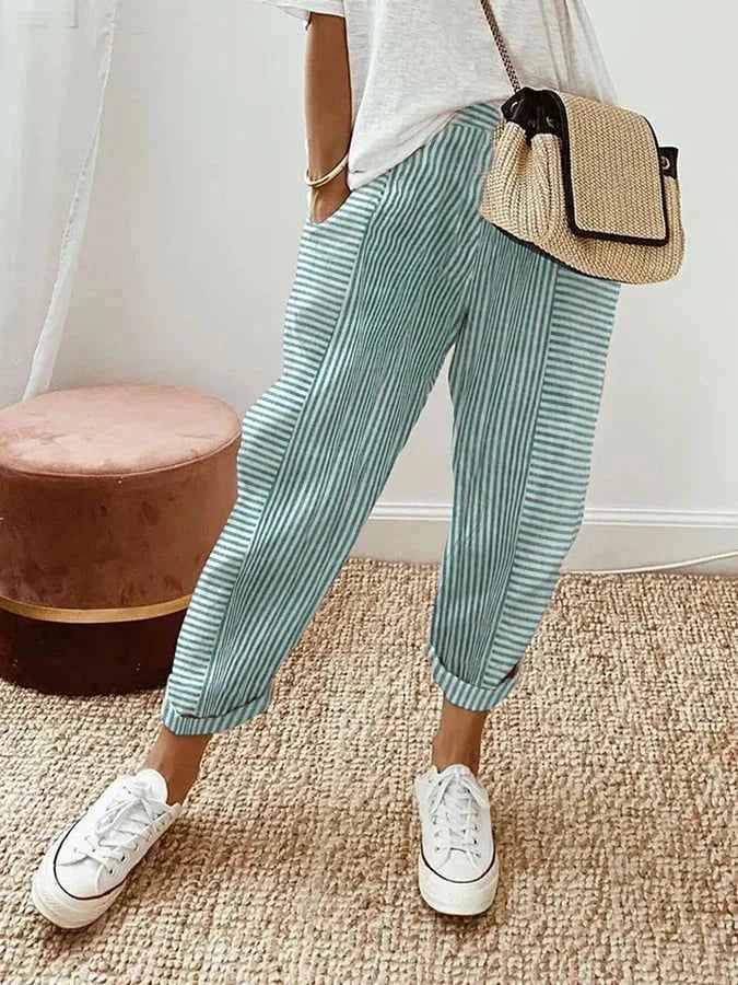 Women's Striped Casual Trousers in Teal