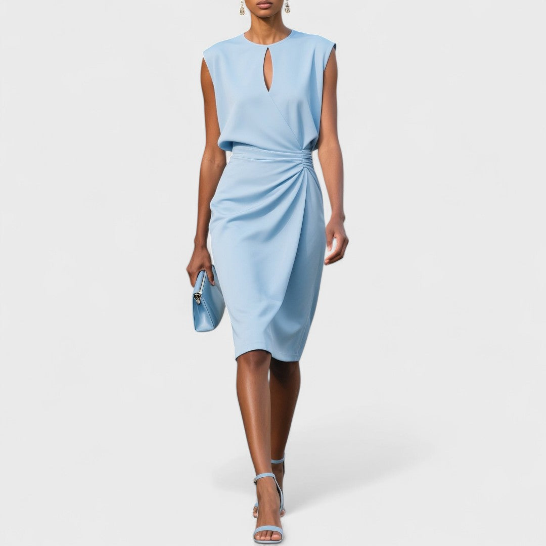 Keyhole Wrap-Front Cocktail Midi Dress in Light Blue