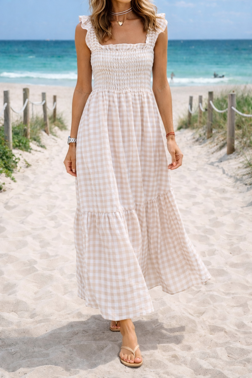 Smocked Tiered Holiday Maxi Dress in Beige