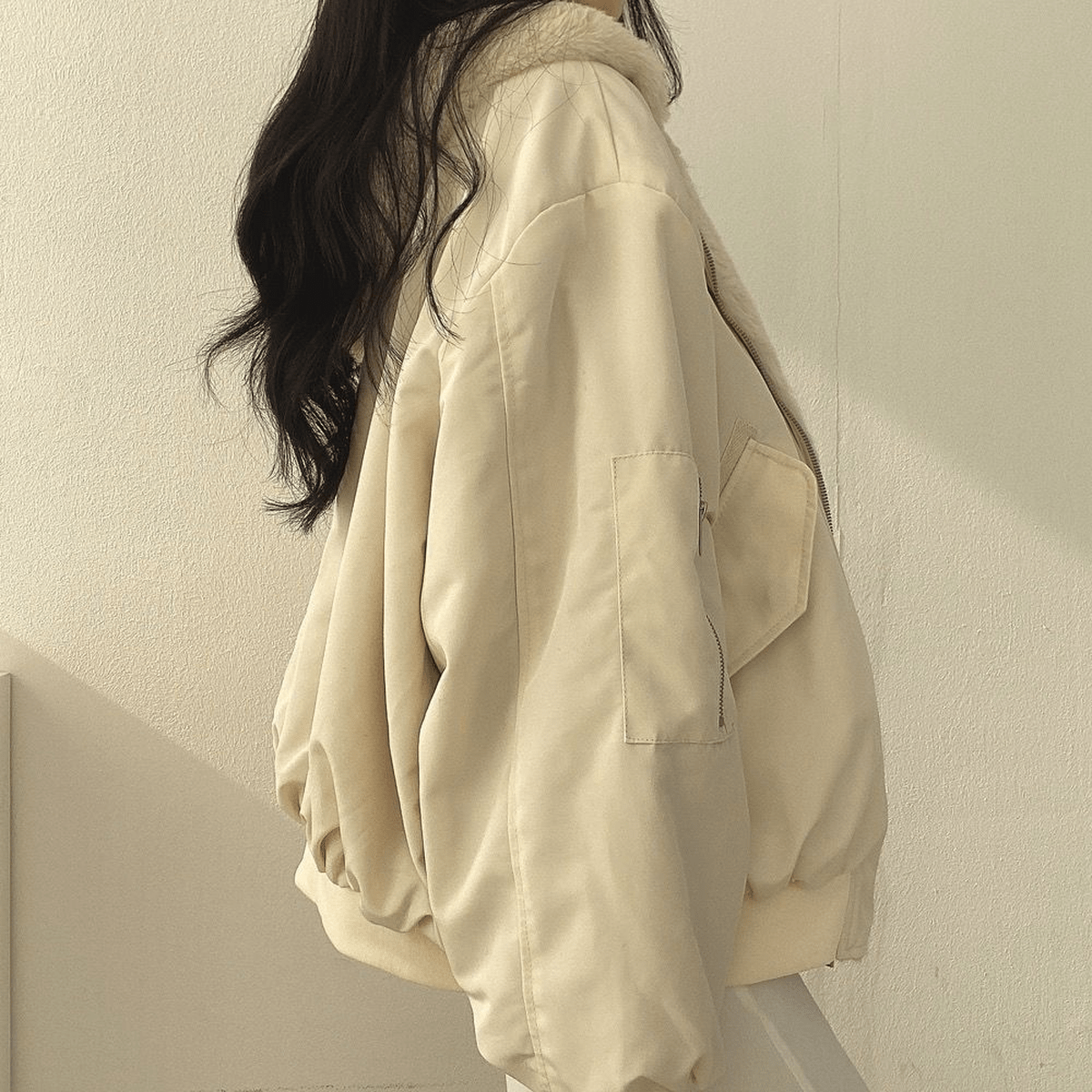 Women's Oversized Zip-Front Casual Jacket in Cream