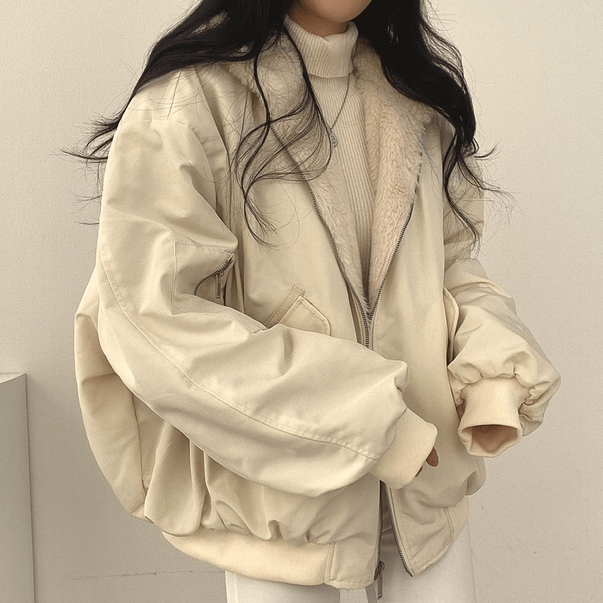 Women's Oversized Zip-Front Casual Jacket in Cream