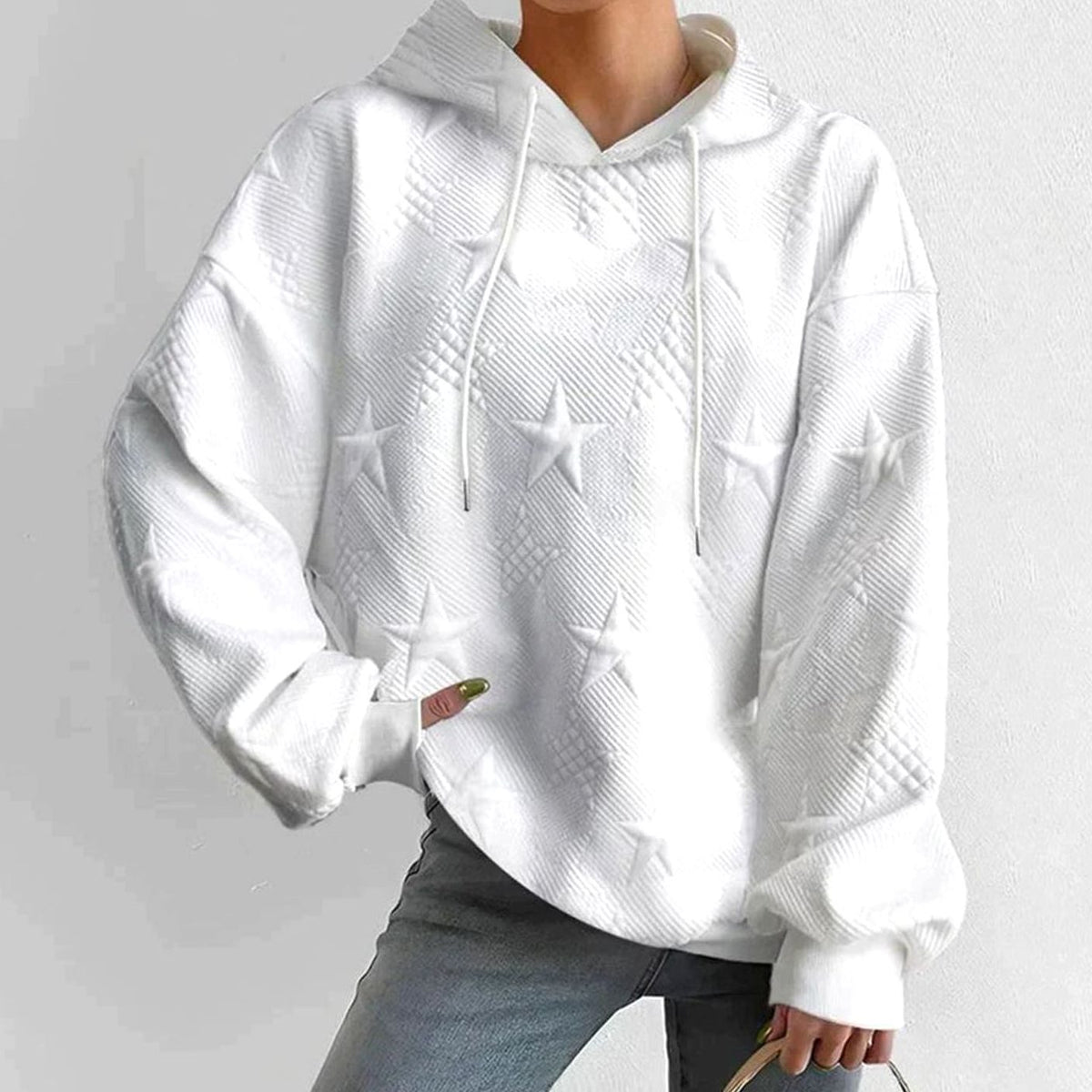 Women's Star-Embossed Casual Hoodie in White