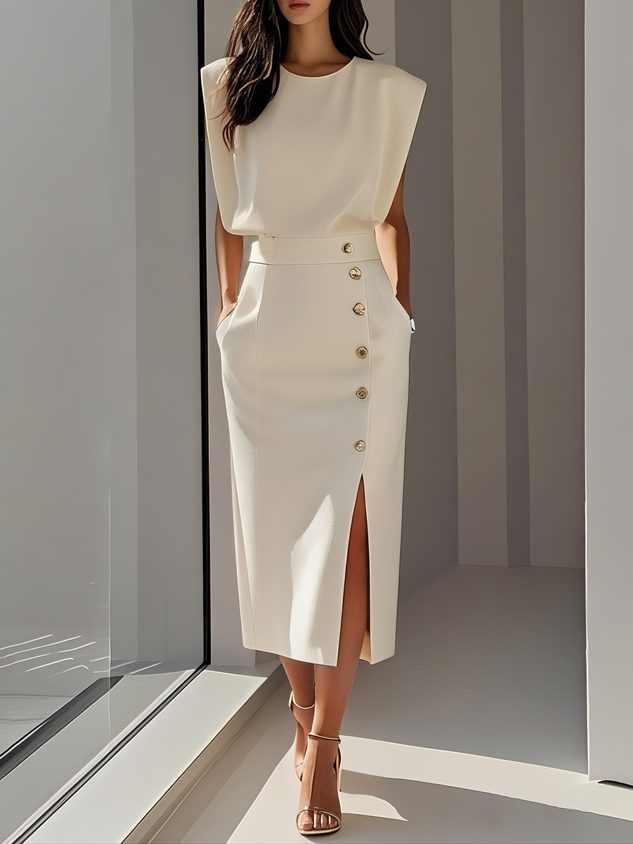Button-Front Workwear Midi Dress in Cream